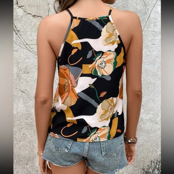 Boho Floral Print Cami Top Blouse Shirt Black - Picture 3 of 5